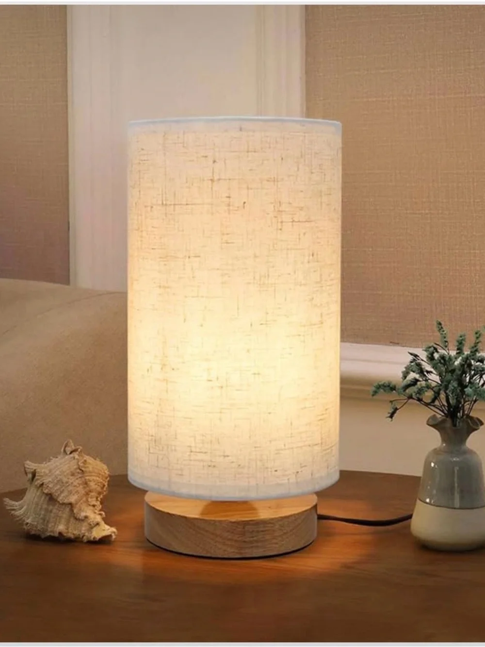 Modern White Fabric Cylinder Table Lamp with Wood Base - Unbranded